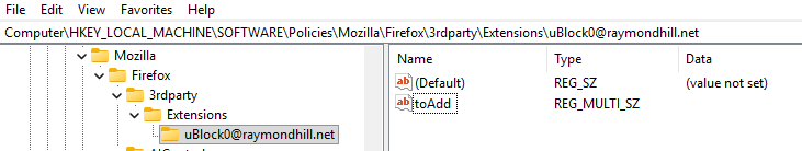 Screenshot of regedit showing the toAdd registry key