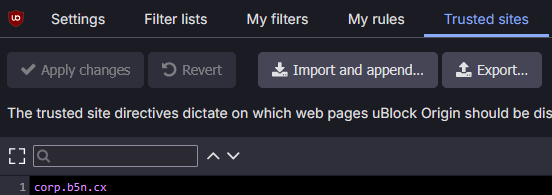 Screenshot of uBlock Origin's trusted sites page showing the enterprise-managed trusted site directive