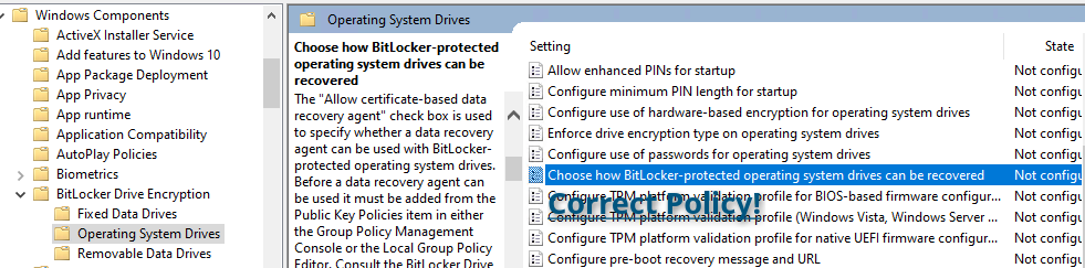 Screenshot of the Group Policy editor showing the correct policy for configuring BitLocker key backup in Active Directory