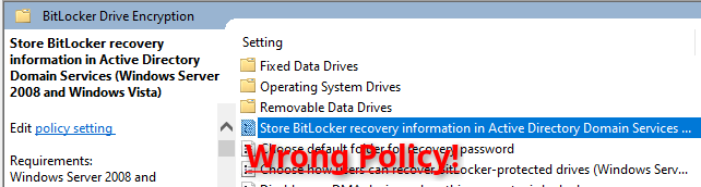 Screenshot of the Group Policy editor showing an obsolete policy for configuring BitLocker key backup in Active Directory